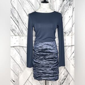 NICOLE MILLER Long Sleeve Dress w/Ruched Metallic Skirt Sheer Back Navy Sz. 8